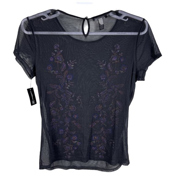 Inc NWT Womens L Sheer Mesh Top Black Floral Embroidered Y2K Witchy Whimsigoth - Picture 9 of 15